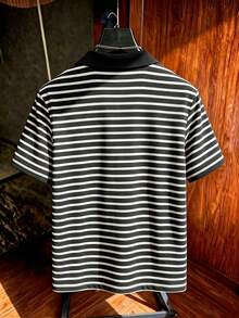 Resyla Men 男士黑白條紋 Polo 衫，經典休閒航海風，美式復古韓系簡約修身，度假夏季款 - 彩色 - 查看 2