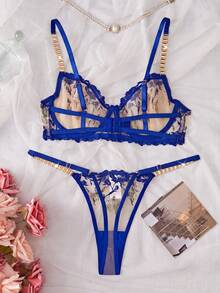 SHEIN Esselle 2pcs Embroidered Women's Lingerie Set - Royal Blue - View 2
