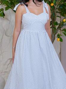 The Leen Edit Polka Dot Digital Print Twist Front Sleeveless Dress Elegant Vacation - Black and White - View 4