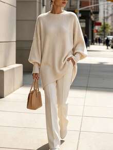 SHEIN Holidaya Desain Prancis, Sweater Imitasi Rajut Bergaris Asimetris, Lapisan Dalam Serbaguna, Pakaian Luar Elegan, Modis, Kasual, Kaos Wanita - Aprikot - View 4