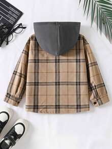 SHEIN Genkimix Kids 男童格紋連帽外套，春秋款 - 卡其色 - 查看 2
