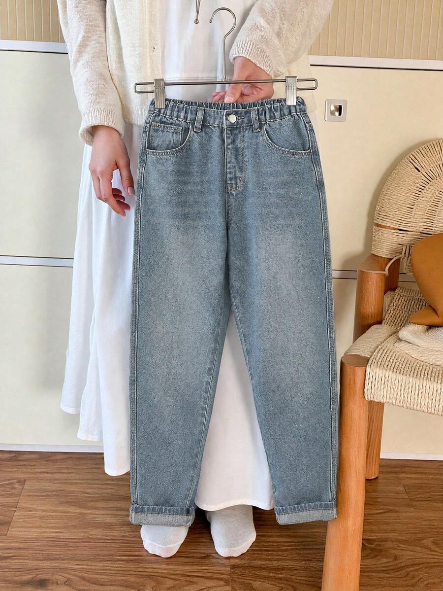 Mirajuku 青少年男孩牛仔褲新品，復古藍色水洗丹寧褲，彈性休閒直筒修身錐腳牛仔褲，中腰設計 - 中等水洗藍 - 查看 1