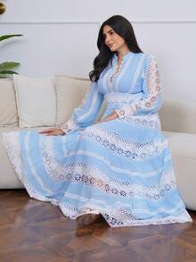 The Leen Edit Women's Elegant Lace Patchwork Maxi Dress, French Vintage Style, Suitable For Spring, Festival, Holiday - Baby Blue - View 1