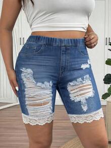 SHEIN Frenchy Mother's Day Plus Size Blue Denim Effect Contrast Lace Casual Leggings, Suitable For Summer - Blue - View 5