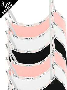 7 Sets Random 3 Pieces Tween Girls' Simple Basic Solid Color Letter Contrast Camisole Top & Shorts Underwear Set - Multicolor - View 5