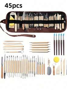 41/45件套木柄陶艺雕塑工具套装，适用于陶瓷、聚合物粘土和塑料粘土 - 无动力雕刻、成型和造型工具套装 - 彩色 - 查看 4
