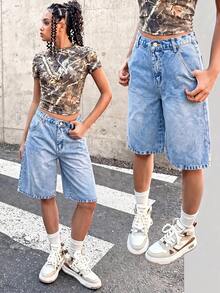 SHEIN 少女休闲日常通勤纯色百慕大牛仔短裤，夏季 - 中等水洗藍 - 查看 4
