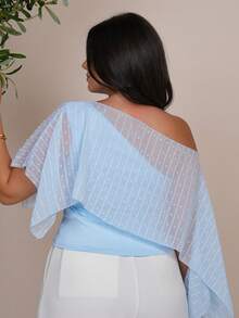 The Leen Edit Women Raglan Sleeve Asymmetric Collar Form-Fitting Casual/Office Style Blouse, Spring/Summer - Baby Blue - View 2