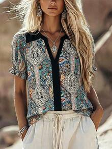EMERY ROSE Spring Summer Casual Commute Gym Vacation Elegant Music Festival Western Cowboy Patchwork Print Linen-Like Plus Size Shirt Brown - Blue - View 4