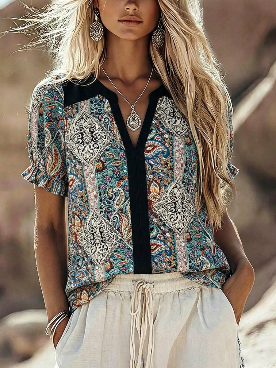 EMERY ROSE Spring Summer Casual Commute Gym Vacation Elegant Music Festival Western Cowboy Patchwork Print Linen-Like Plus Size Shirt Brown - Blue - View 1