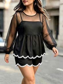 Trelyra Elegant Coquette Versatile Mesh Fabric 2 In 1 Long Sleeve Top And Pants Plus Size Women's 2 Pieces Set Dinner Birthday Black Autumn - Black - View 3