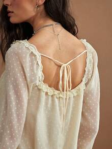 WESTFADE Gaun Mini Babydoll Chiffon & Lace dengan Leher Bulat dan Ikatan di Depan, Musim Gugur, Musim Dingin, Tampilan Wanita Gaya Pedesaan, Pakaian Koboi untuk Wanita, Gaya Barat, Rodeo - Aprikot - View 2