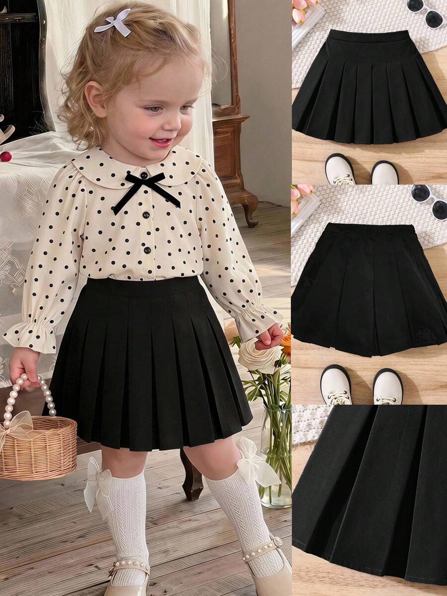 SHEIN LMoss Kids 女嬰編織純色百褶裙 - 黑色 - 查看 1