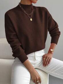 Sprig & Strand Women's Solid Color Stand Collar Drop Shoulder Long Sleeve Casual Pullover Sweater - Brown - View 1