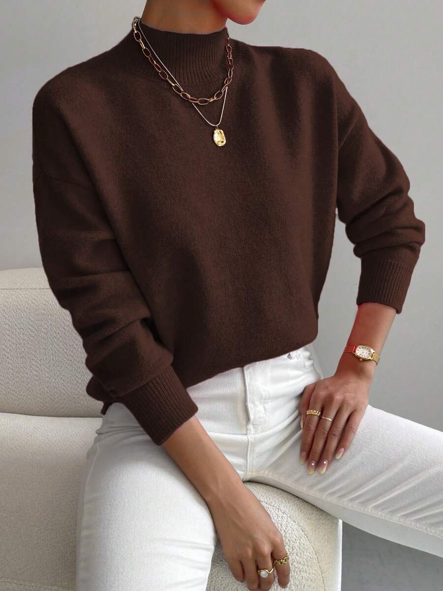 Sprig & Strand Women's Solid Color Stand Collar Drop Shoulder Long Sleeve Casual Pullover Sweater - Brown - View 1