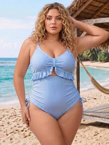 SHEIN CURVE+ Baju Renang Terusan Bergaris Berkerut Ukuran Besar untuk Wanita, Cocok untuk Liburan Pantai, Pesta Kolam Renang, Pesta Pantai - Blue and White - View 2
