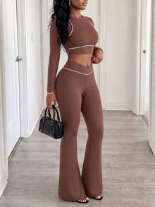 BamGleam Cropped Top & Flare Pants Sports Set - Brown - View 3