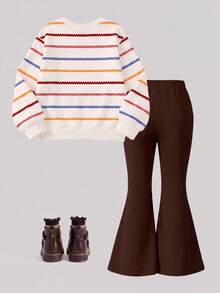 SHEIN Elladie kids 女童2件套，田園甜美棕色花卉3D效果印花長袖抓絨衛衣上衣＋喇叭褲，柔軟套裝，秋冬季 - 彩色 - 查看 2