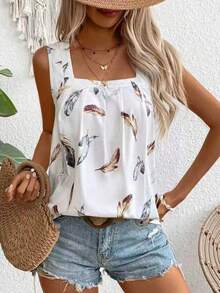 SHEIN Holidaya 女士羽毛印花方领无袖简约日常背心图案 T 恤女式上衣 - 彩色 - 查看 4