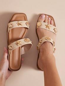 VACAZURE Women's Shell & Starfish Decor Straw Texture Raffia Slides – Coastal Chic Flat Sandals Valentine's Day Summer Shoes - Beige - View 2