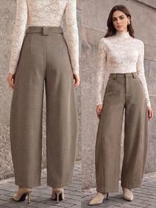 Anewsta Autumn/Winter Vintage British Style High Waist Curved Leg Brown Gray Casual Pants - Coffee Brown - View 1