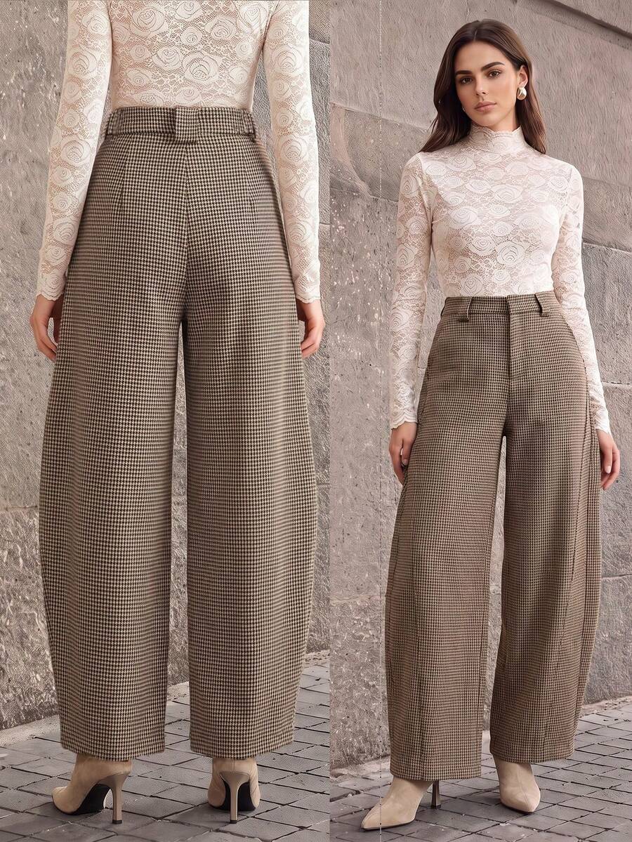 Anewsta Autumn/Winter Vintage British Style High Waist Curved Leg Brown Gray Casual Pants - Coffee Brown - View 1