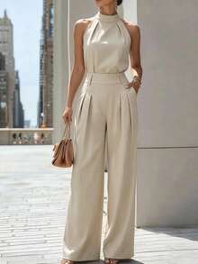 Zovinel Women's Solid Color Casual Versatile Fashion Tank Top And Wide Leg Long Pants Two Pieces Set - Apricot - View 5