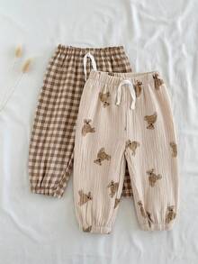 Vintaside Kids 2pcs Toddler Boys' Cute Plaid & Teddy Bear Print Pants Set Fall Winter - Multicolor - View 1