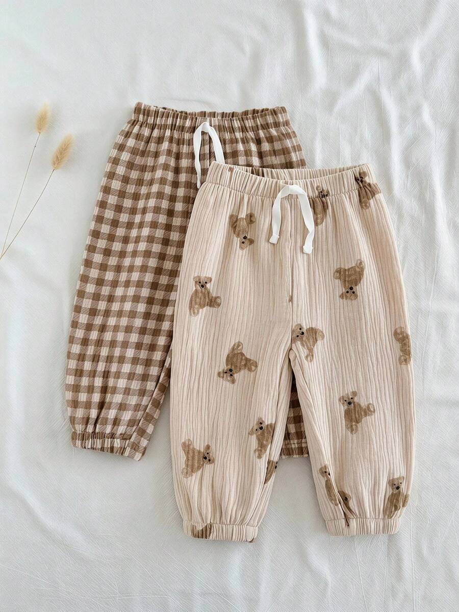 Vintaside Kids 2pcs Toddler Boys' Cute Plaid & Teddy Bear Print Pants Set Fall Winter - Multicolor - View 1