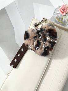 ROMWE Goth 1件復古龐克暗黑風棕色腕帶豹紋虎心水鑽鏈條星星DIY鑰匙圈包包掛飾，適合女性日常佩戴 - 棕色-65 - 查看 8