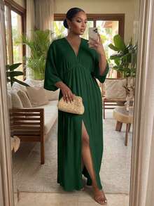 SHEIN Lady CURVE Gaun Liburan Kasual Ukuran Besar, Hijau Army Musim Gugur - Dark Green - View 3