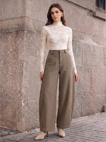 Anewsta Autumn/Winter Vintage British Style High Waist Curved Leg Brown Gray Casual Pants - Coffee Brown - View 6