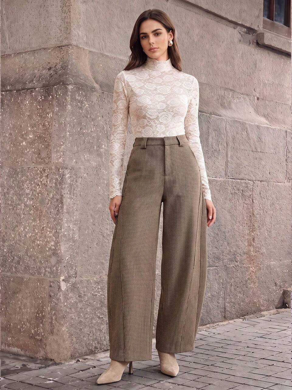 Autumn/Winter Vintage British Style High Waist Curved Leg Brown Gray Casual Pants