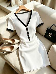 Trelyra Fashion Slim Fit Sexy Deep V-Neck Metal Buckle Decor Contrast Color Short Sleeve Women's Dress - White - View 4