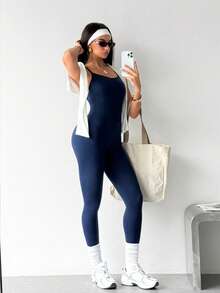 SHEIN Sports Women's Seamless Backless Criss-Cross Strap Navy Blue Sports One-Piece Jumpsuit - Navy Blue - View 3