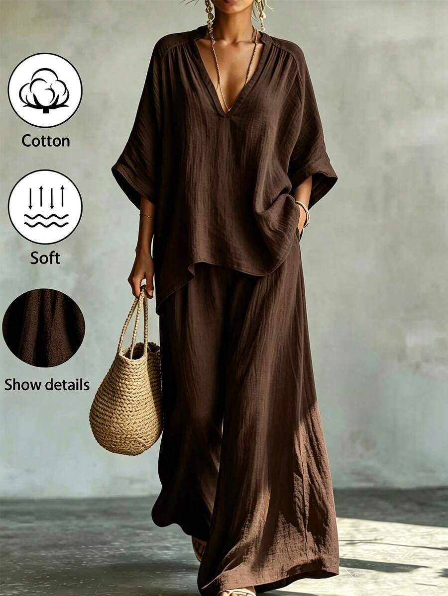 Hotletica Women's Traceable Cotton V-Neck Short Sleeve Top & Long Pants 2 Pieces Set - Coffee Brown - View 1