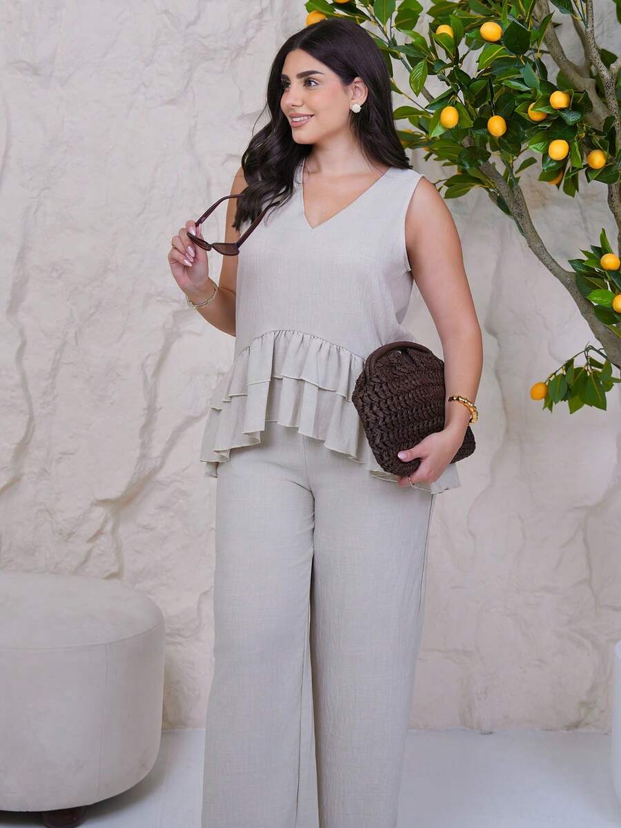 The Leen Edit Ruffle Hem Decorated Camisole + Pants Set Elegant Summer - Khaki - View 1