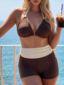 Swim Mod 2026 New Plus Size Women's Colorblock Halter Tie Drawstring Bottom Sweet Minimalist Bikini Set Set - Multicolor - View 3