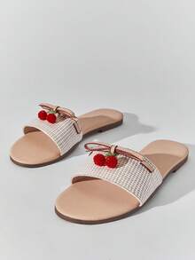 SHEIN Solezae Women Cherry Fruit Decor Slip-On Open Toe Everyday Summer Dreamy Cute Raffia PU Flat Sandals Valentine's Day Summer Shoes - Beige - View 2