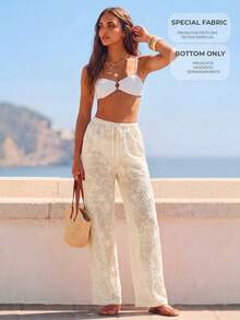 CAJUNI Women's Vacation Embroidered Sheer Casual Drawstring Waist Long Pants Beach - Cream - View 10