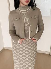 Feyla Women's All-Over Print Dress And Long Sleeve Top Casual Knit 2 Pieces Set - Khaki - View 9