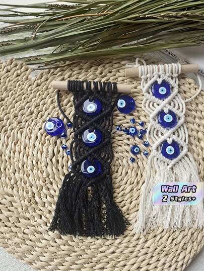 1PC Handwoven Cotton Evil Eye Turkish Blue Macrame Wall Hanging Tapestry Decor Bohemian Boho Home Apartment Dorm Living Room Bedroom Wall Art Ornament Festival Housewarming Birthday Gift