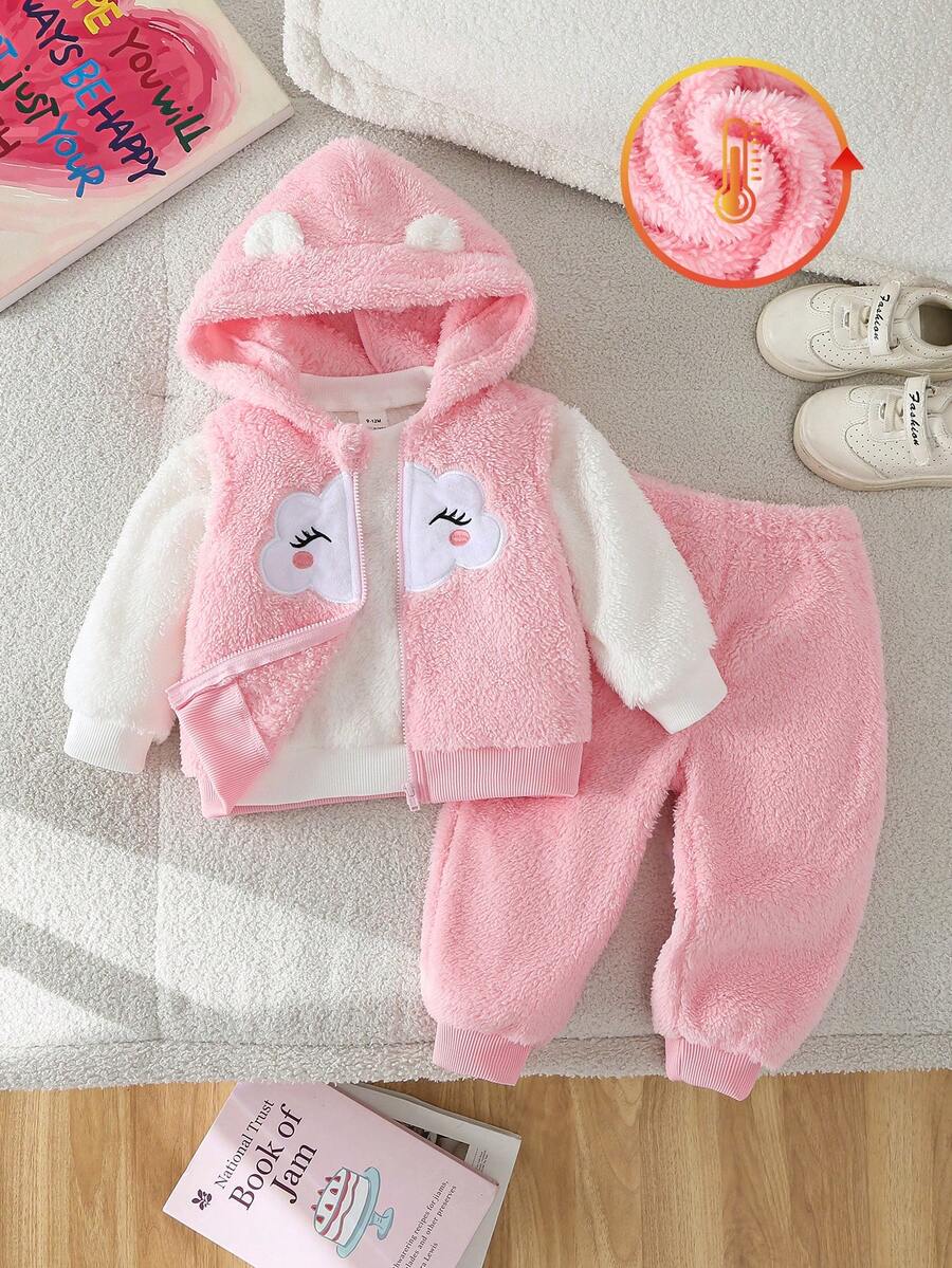 SHEIN Playful Pals Baby Girls Fluffy Pink Fleece Embroidered Hat Vest + White Sweatshirt + Pink Fuzzy Pants 3 Pieces Set - Multicolor - View 1