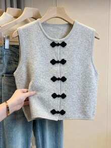 SHEIN PariChic Women's New Chinese Style Frog Button Round Neck Knitted Vest Spring/Autumn National Style Sleeveless Top Elegant French Gentle Night Party Light Grey - White - View 3