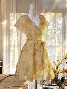 Celisse Semi-Transparent Ruffle Trim Collar Short Dress Digital Print Slim Yellow Floral V-Neck Ruffle Chiffon Mini Dress - Pale Yellow - View 3