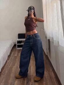SHEIN Tall Celana Jeans Denim Wanita Model Lebar, Longgar, Kasual, Serbaguna dengan Kantong, Cocok untuk Musim Gugur - Dark Wash - View 5