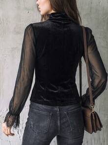 LUMIGAL Women's Mesh & Velvet Patchwork Lace Waist-Cinching Top, Spring/Autumn Vintage Gothic - Black - View 2
