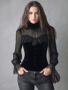 LUMIGAL Women's Mesh & Velvet Patchwork Lace Waist-Cinching Top, Spring/Autumn Vintage Gothic - Black - View 4