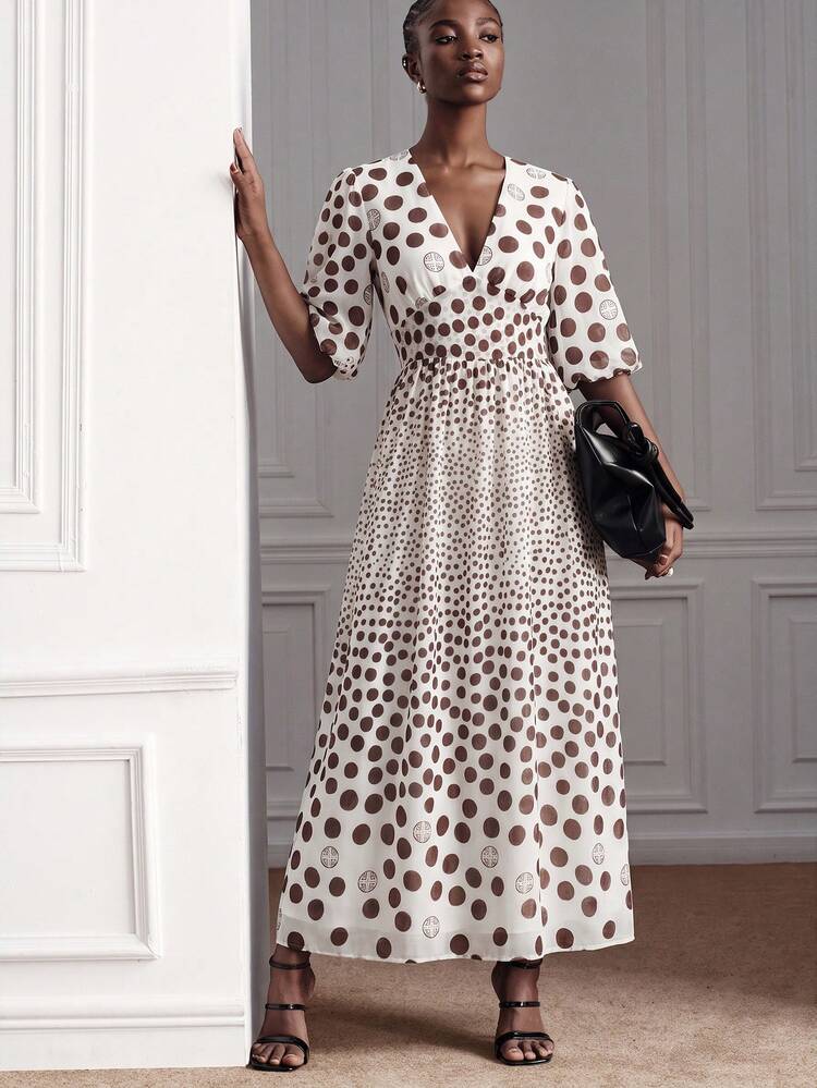 Aveloria Modichic Vintage Brown And White Polka Dot Dress Women Summer Deep V-Neck Cap Sleeve Waist-Cinching Slimming Elegant Chiffon Tea Party Brunch - Apricot - View 5