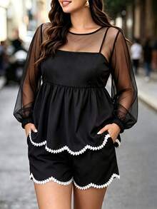 Trelyra Elegant Coquette Versatile Mesh Fabric 2 In 1 Long Sleeve Top And Pants Plus Size Women's 2 Pieces Set Dinner Birthday Black Autumn - Black - View 6